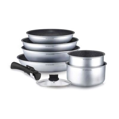 SHOP-STORY - AM742S: 8 Piece Cookware Set Arthur Martin Aluminum Frying Pans and Saucepans All Heat Sources Including Induction Non-Stick Coating - Silver Color