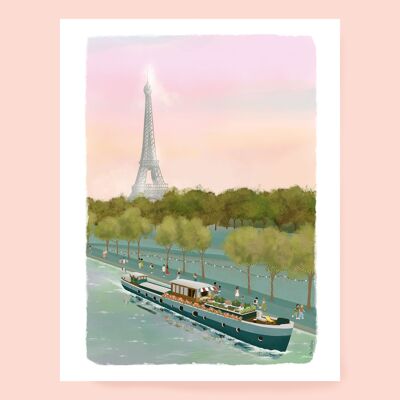 Poster On the Seine, Paris souvenir, Parisian barge, Eiffel Tower A5