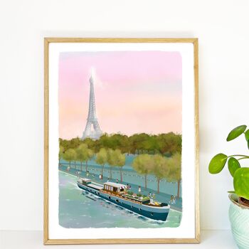 Affiche Sur la Seine, souvenir Paris, péniche parisienne, tour Eiffel A5 A4 2