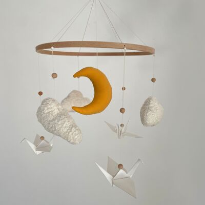Moon mobile, curly clouds, mobile for baby's room, clouds, minimalist decor, mustard yellow moon