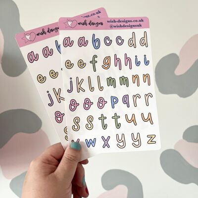 Hoja de pegatinas grandes de vinilo con letras de burbujas del alfabeto