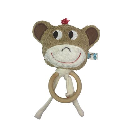 Organic / eco mini rattle "monkey" with natural wood teething ring,RBAF-22