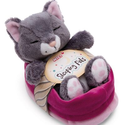 Peluche gato gris 12cm durmiendo en la cesta rosa VERDE