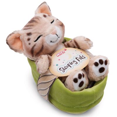 Peluche gato Bengala 12cm durmiendo en cesta verde claro VERDE