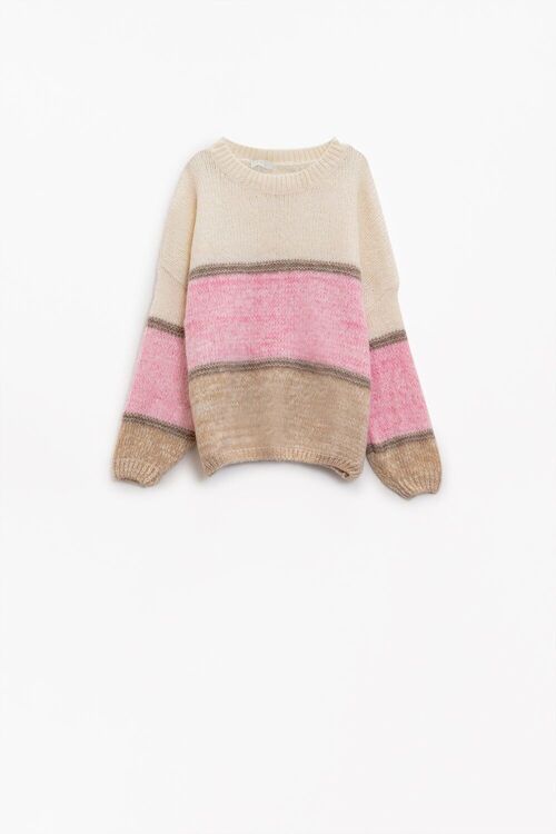 Suéter con diseño de rayas en rosa crema y marrón con cuello redondo