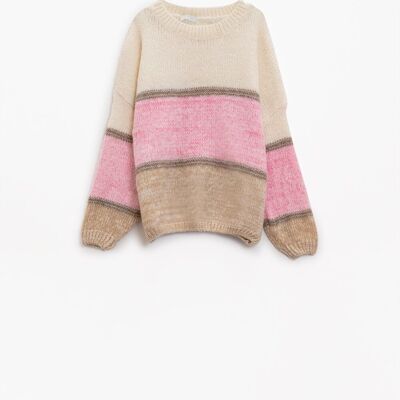 Suéter con diseño de rayas en rosa crema y marrón con cuello redondo