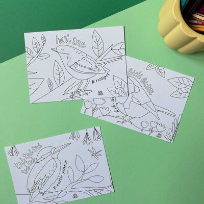 Bird coloring postcards for children's coloring
