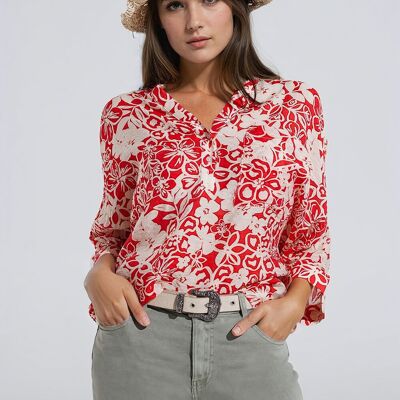 Blusa holgada con estampado floral rojo y mangas acampanadas