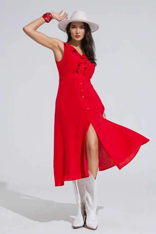 vestido largo rojo con volante y detalle de botones