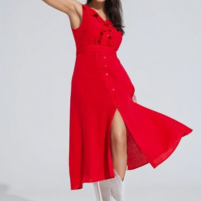langes rotes Kleid mit Volant und Knopfdetails