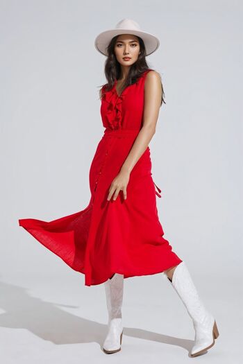 robe longue rouge avec volant et détails de boutons 2