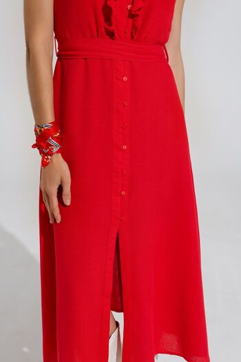 robe longue rouge avec volant et détails de boutons 5