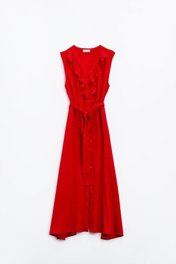 robe longue rouge avec volant et détails de boutons 7
