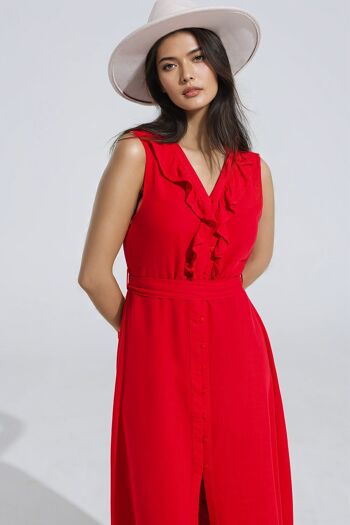 robe longue rouge avec volant et détails de boutons 4