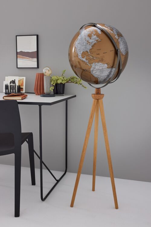 SPUTNIK Globus, 43 cm Durchmesser und Standfuß, braun, silberfarben