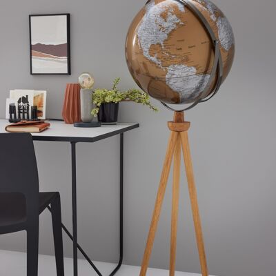 SPUTNIK Globus, 43 cm Durchmesser und Standfuß, braun, silberfarben