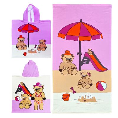 Pack enfant "Nounours" un poncho et une serviette de plage microfibre 100% polyester