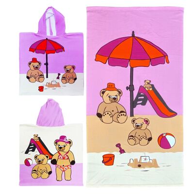 Pack infantil "Teddy": un poncho y una toalla de playa 100% microfibra poliéster