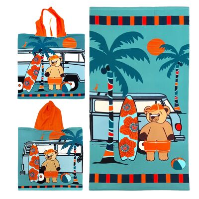 Pack infantil "Surfista": poncho y toalla de playa 100% microfibra poliéster