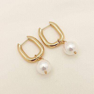 Gold hoop earrings with dangling pearl