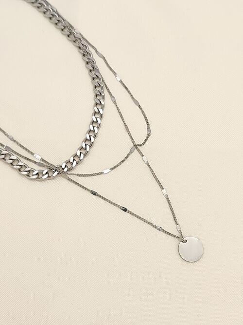 Collier argenté triple chaîne pendentif rond