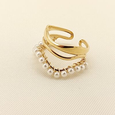 Gold triple wave lines pearl ring