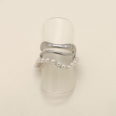 Silver triple wave lines pearl ring
