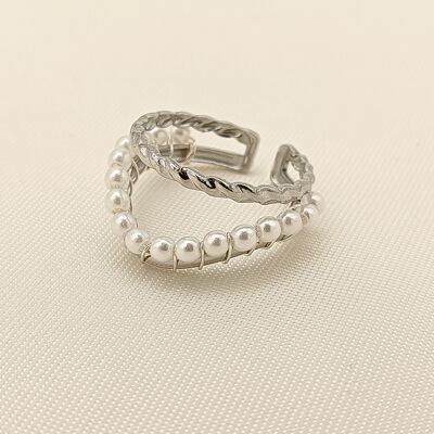 Silver double braided lines ring with pearls