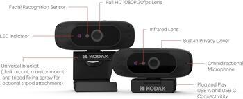 KODAK Webcam Access | Caméra de vidéoconférence HD Professionnelle 1080p | Reconnaissance faciale Compatible avec Windows Hello et Couvercle d'objectif de confidentialité intégré | Solution Plug 3