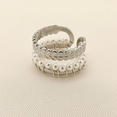 Silver double lines leaf and pearl ring