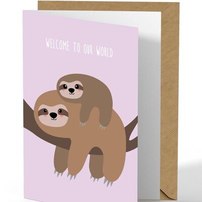 Greeting card Welcome to our world baby sloth