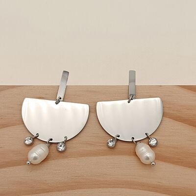 Half-round silver earrings with pearl and dangling rhinestones