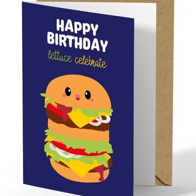 Tarjeta de felicitación de cumpleaños con hamburguesa de comida rápida.
