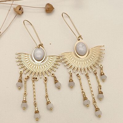 Bohemian golden fan earrings with stone and white pearls