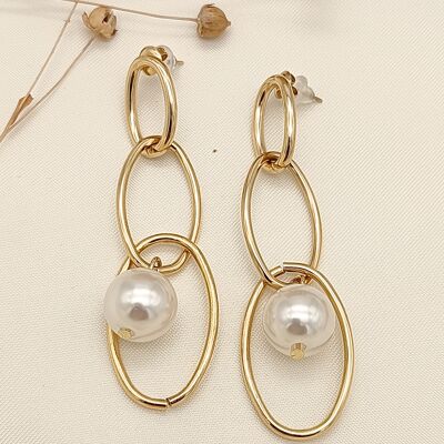 Gold triple oval pearl dangling earrings