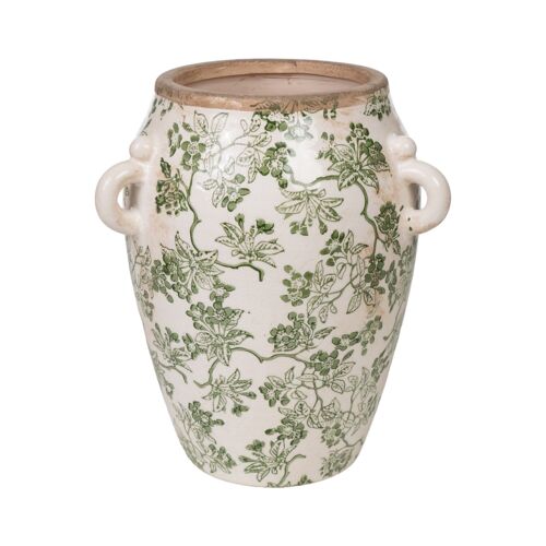 FLORERO ANCHO 3 ASAS PORCELANA BEIGE/VERDE 23X23X27CM HM233