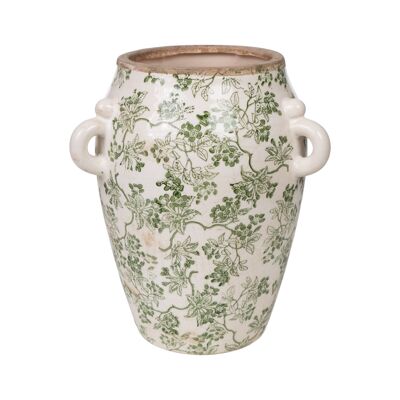 WIDE VASE 3 HANDLES BEIGE/GREEN PORCELAIN HM234