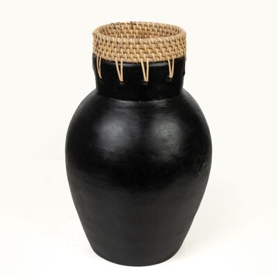 VASE CÉRAMIQUE NOIRE / ROTIN 16X16X30CM HM47269