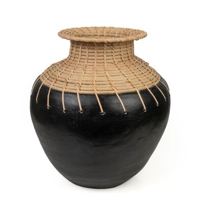 SCHWARZE KERAMIKVASE / RATTAN HM47272