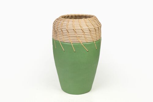 FLORERO CERAMICA VERDE/RATTAN 20X20X30CM HM47266