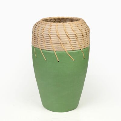 GREEN/RATTAN CERAMIC VASE HM47266