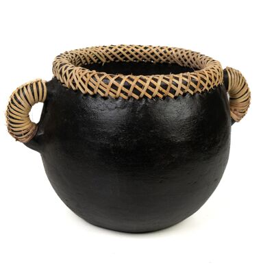 BLACK CERAMIC POT WITH RATTAN HANDLES HM47276