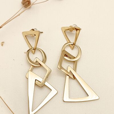 Gold earrings with intertwined triangles, circles and diamonds