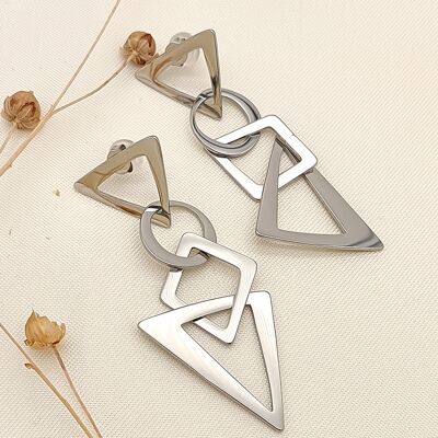 Boucles d'oreilles argentées triangles, cercle et losange entremêlés