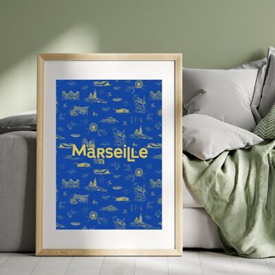 Póster de Marsella con patrón repetido, fondo azul.