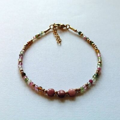 Bracelet en Tourmaline, Rhodochrosite et Perles Dorées