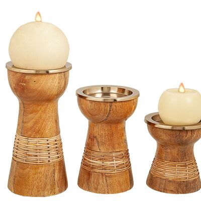 SET 3 WOOD/GOLDEN METAL CANDLE HOLDER HM311021000