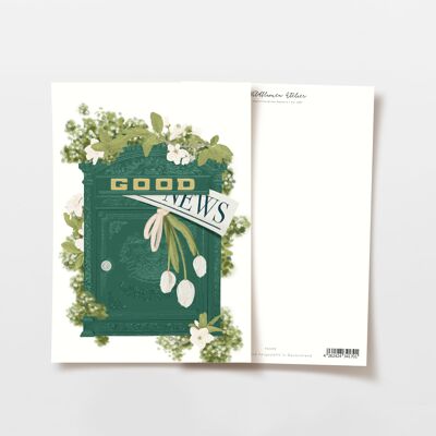 Carte postale 'bonne nouvelle' boîte aux lettres avec fleurs, boîte aux lettres nostalgique vert foncé, certifiée FSC