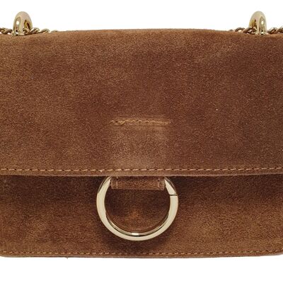 Brown suede bag with gold accessories