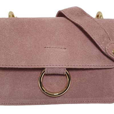 Pink suede bag with gold accessories
